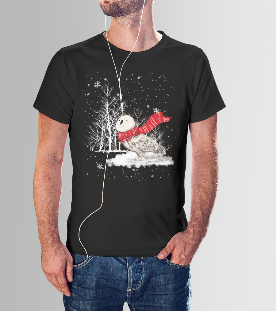 Snowy Owl Red Scarf Winter Scene T-Shirt