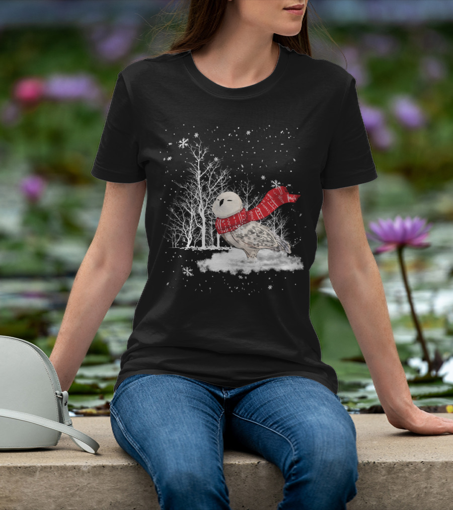 Snowy Owl Red Scarf Winter Scene T-Shirt