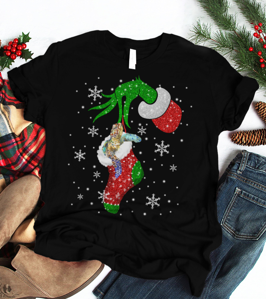 Grinch Christmas Turtle In Glittery Stocking With Snowflakes T-Shirt