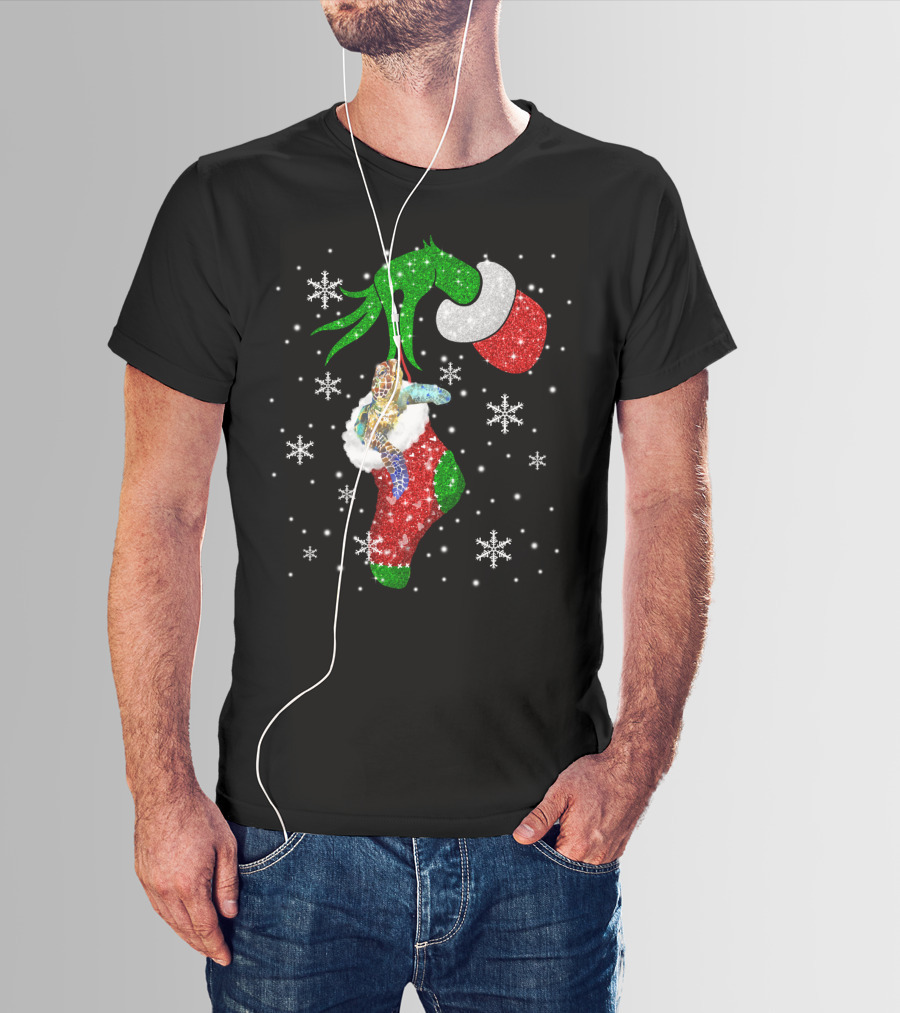 Grinch Christmas Turtle In Glittery Stocking With Snowflakes T-Shirt