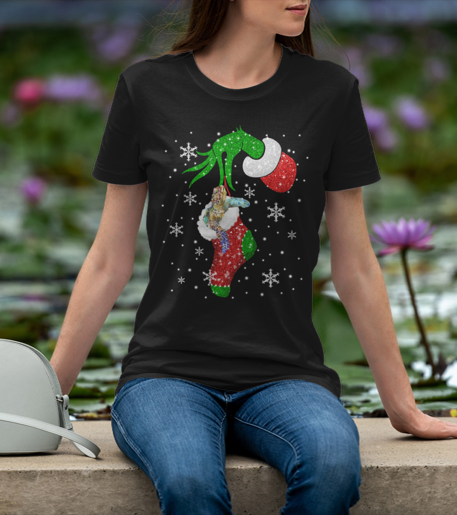 Grinch Christmas Turtle In Glittery Stocking With Snowflakes T-Shirt