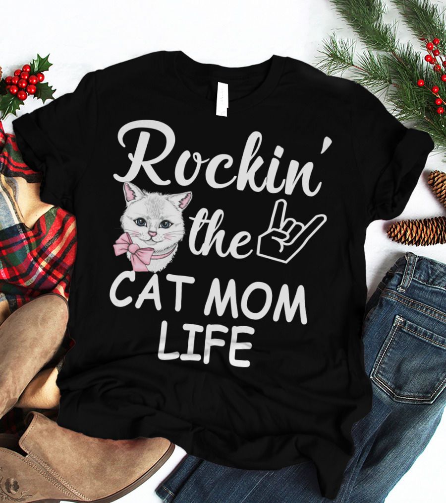 Rockin' The Cat Mom Life With Rock Hand And Pink Bow Cat T-Shirt