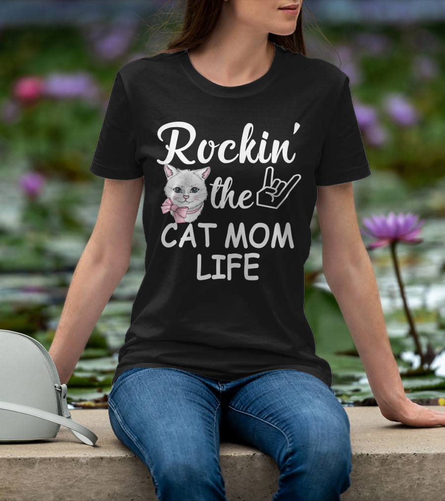 Rockin' The Cat Mom Life With Rock Hand And Pink Bow Cat T-Shirt