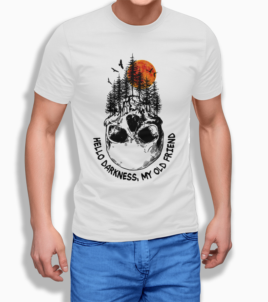 Hello Darkness My Old Friend Skull Forest Red Moon Birds Camping T-Shirt