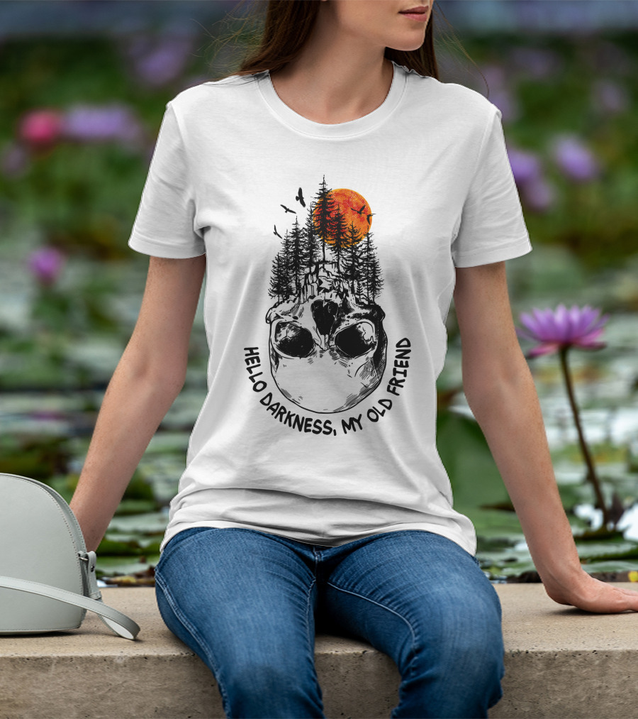 Hello Darkness My Old Friend Skull Forest Red Moon Birds Camping T-Shirt