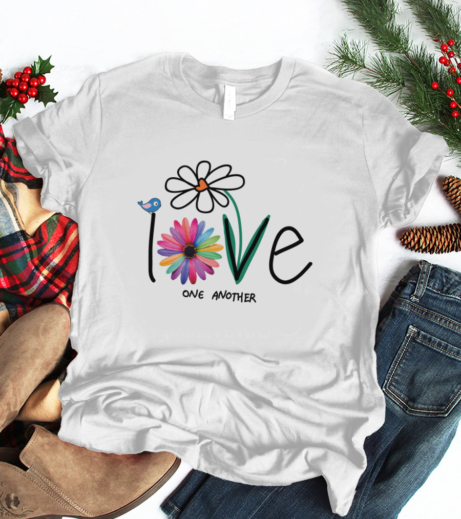 Love One Another Rainbow Flower Blue Bird T-Shirt