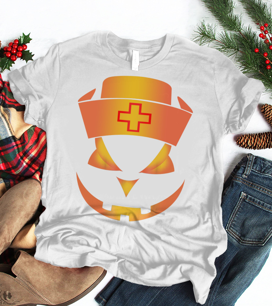 Nurse Pumpkin Face With Cross Hat Halloween T-Shirt