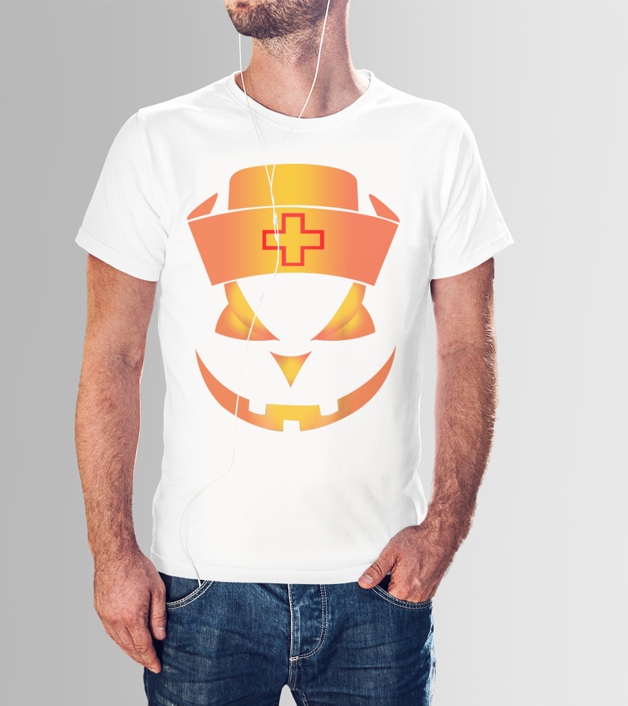 Nurse Pumpkin Face With Cross Hat Halloween T-Shirt