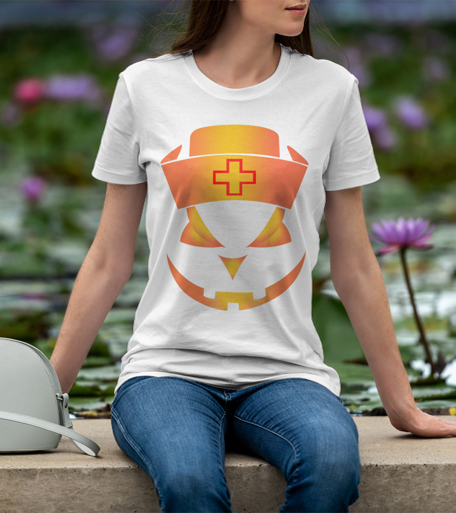 Nurse Pumpkin Face With Cross Hat Halloween T-Shirt
