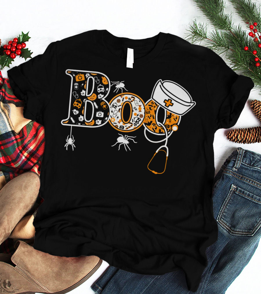 Boo Nurse Halloween Stethoscope Spider Hat T-Shirt