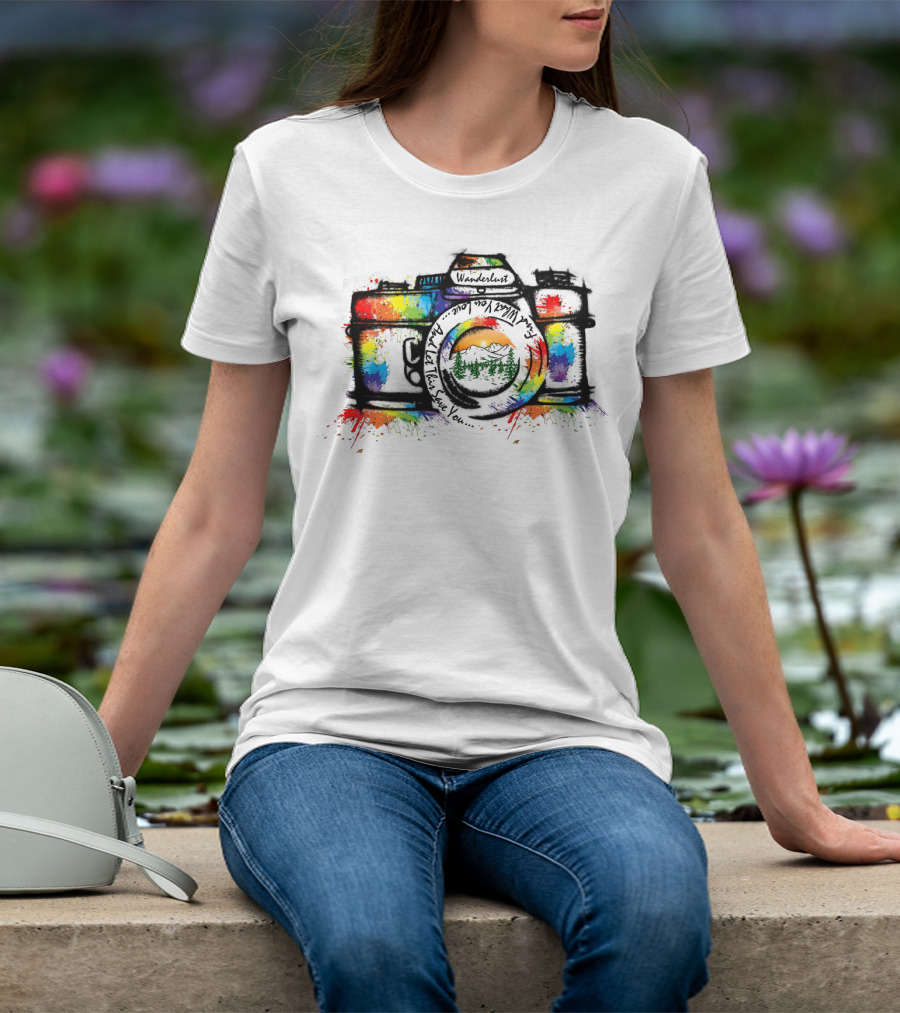 Wanderlust Camera Color Adventure Awaits Mountains T-Shirt