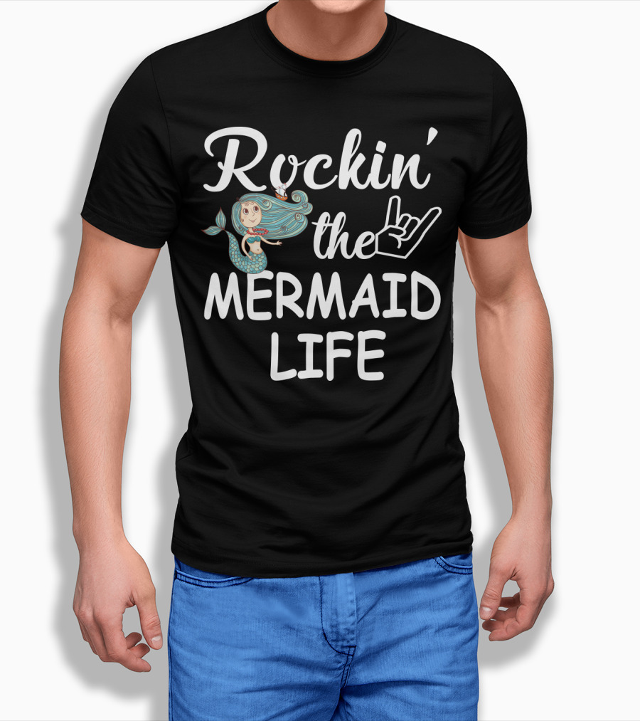 Rockin' The Mermaid Life With Hand Sign And Cartoon Mermaid T-Shirt