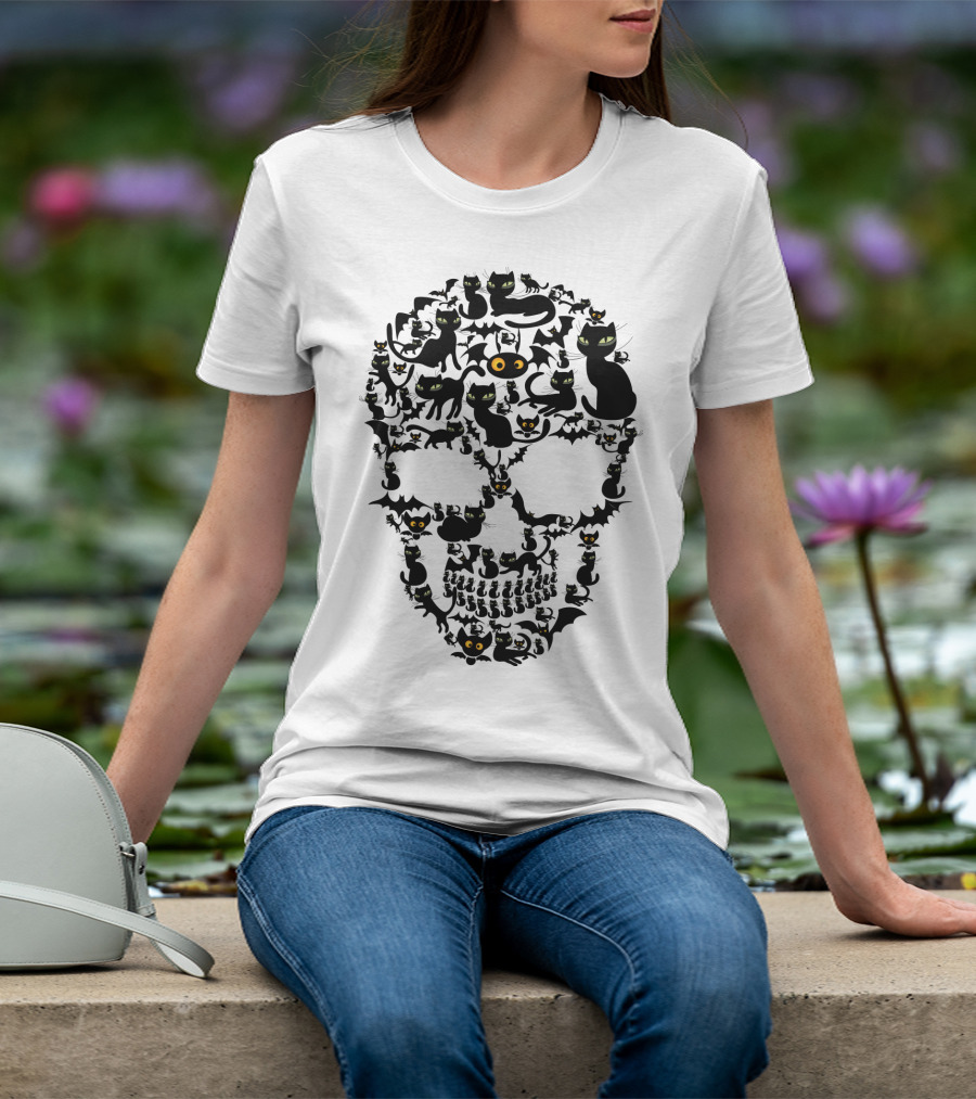 Skull Cats Black Cats And Bats Pattern SK01 T-Shirt