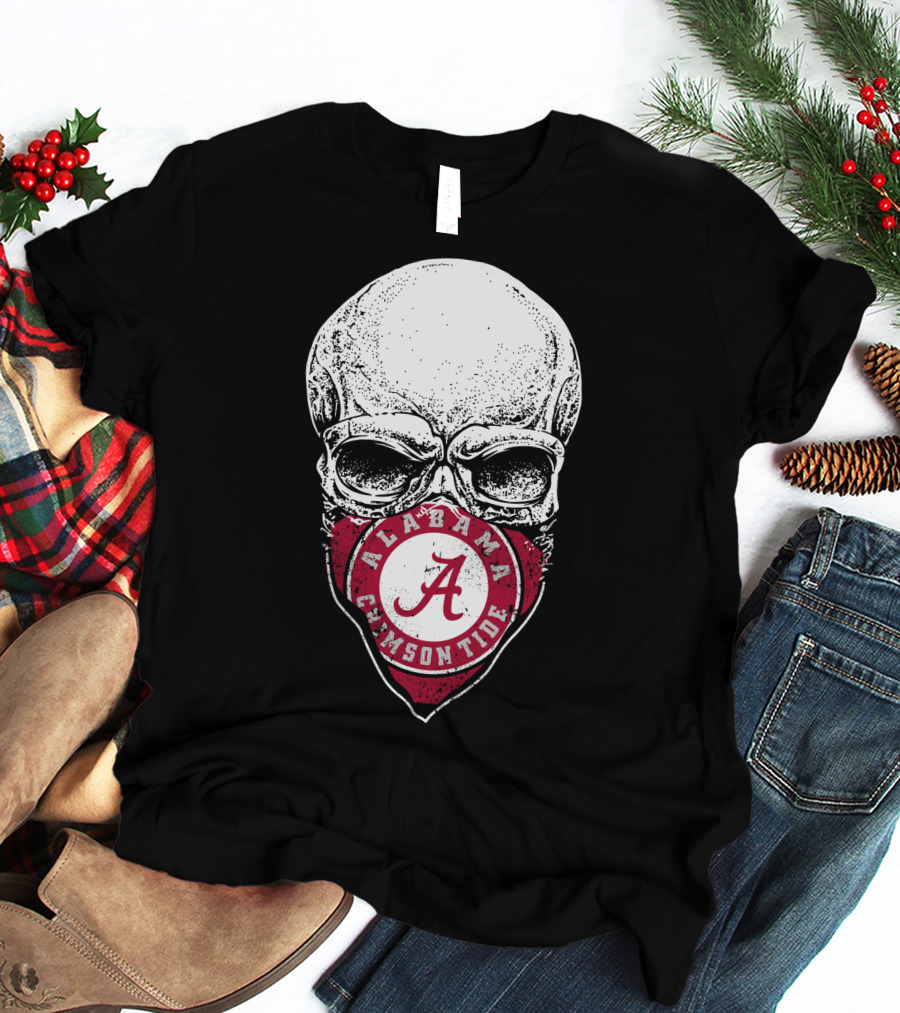 Alabama Crimson Tide A Logo Skull Face Mask T-Shirt