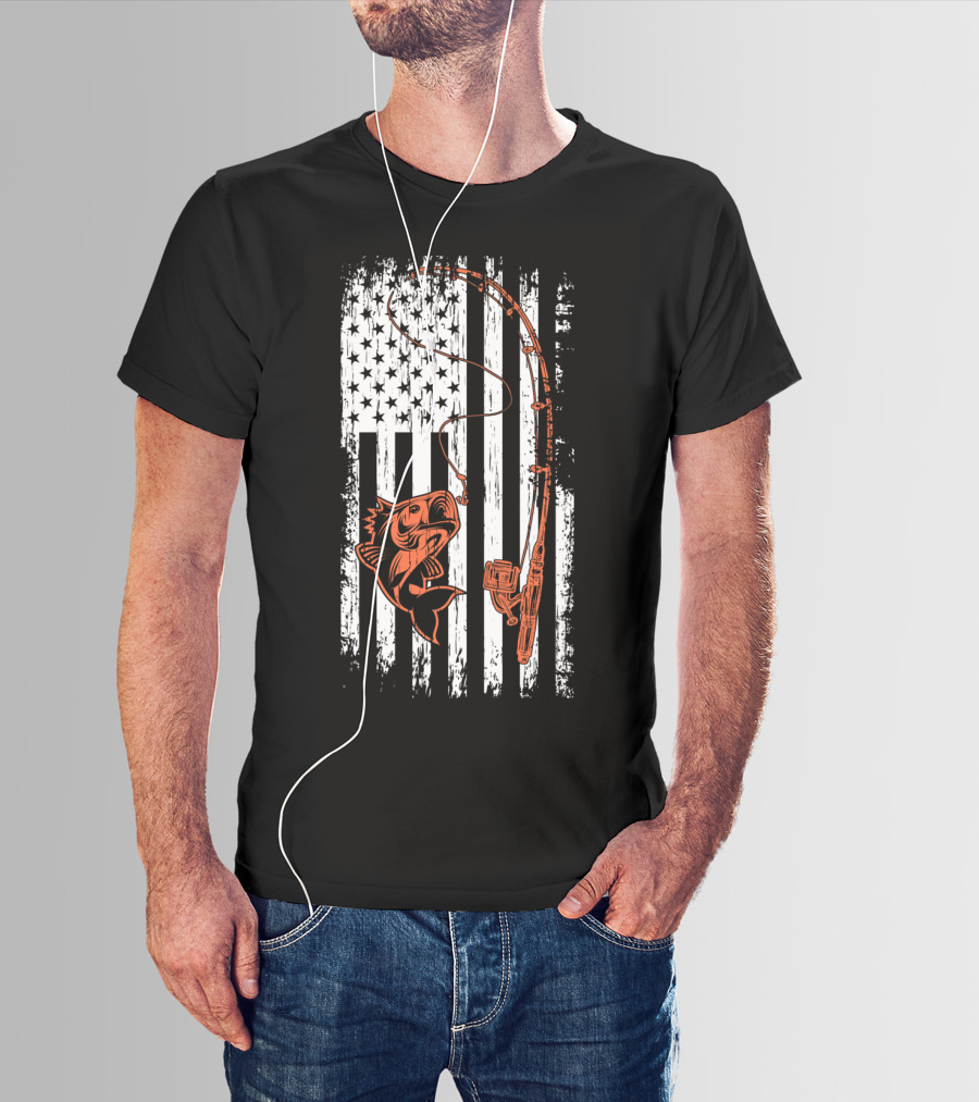 USA Fishing Flag Bass And Rod American Flag T-Shirt