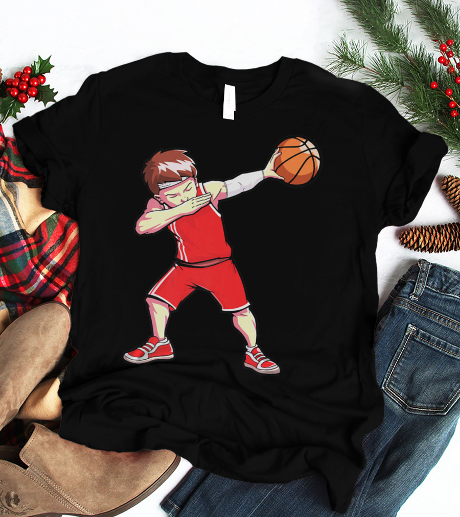 Dabbing Basketball Boy Dab Dance Player In Red Uniform Holding Ball T-Shirt