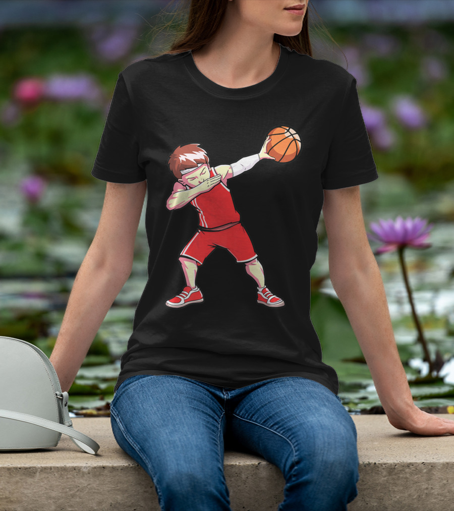 Dabbing Basketball Boy Dab Dance Player In Red Uniform Holding Ball T-Shirt