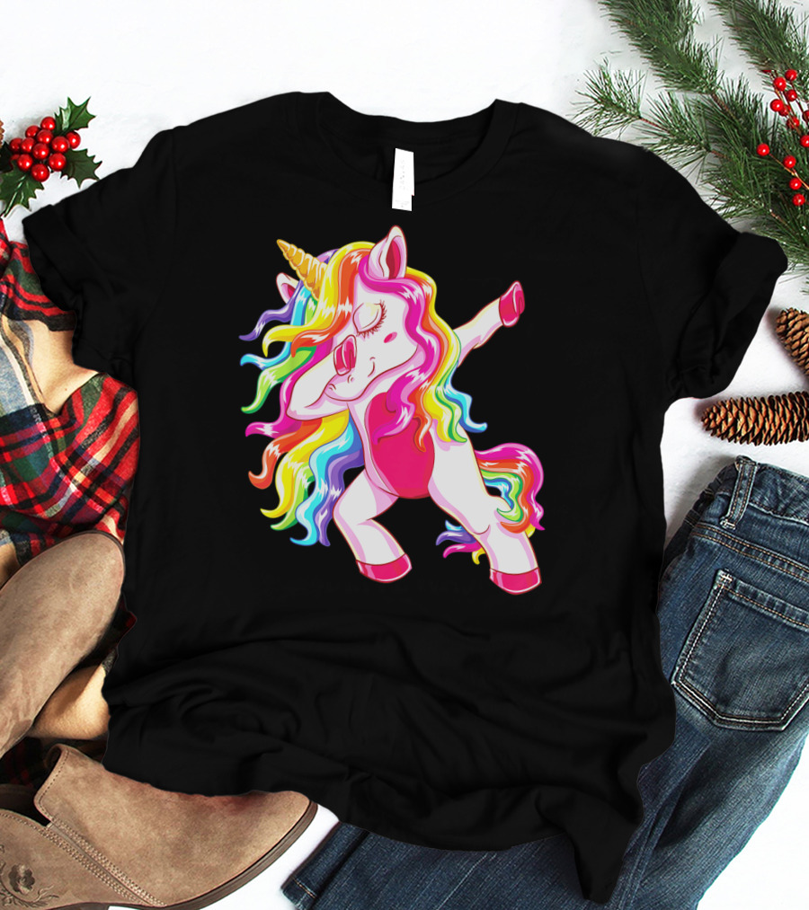 Dabbing Rainbow Unicorn With Long Hair Dab Dance T-Shirt