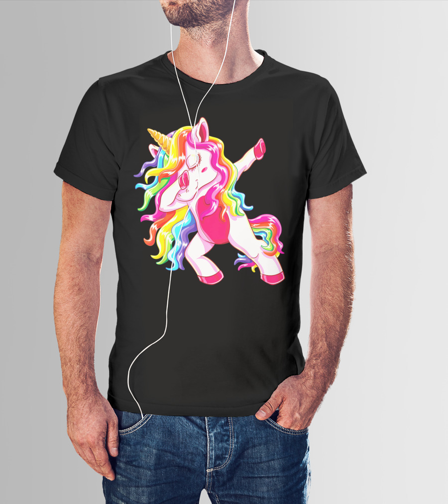 Dabbing Rainbow Unicorn With Long Hair Dab Dance T-Shirt