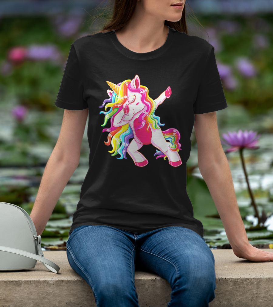 Dabbing Rainbow Unicorn With Long Hair Dab Dance T-Shirt