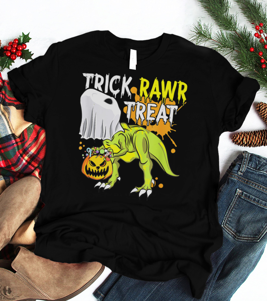 Trick Rawr Treat Halloween Dinosaur Ghost Pumpkin Boys T-Shirt