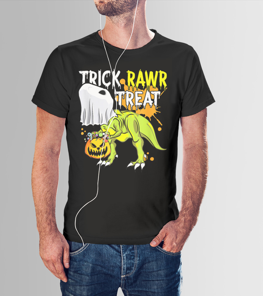 Trick Rawr Treat Halloween Dinosaur Ghost Pumpkin Boys T-Shirt