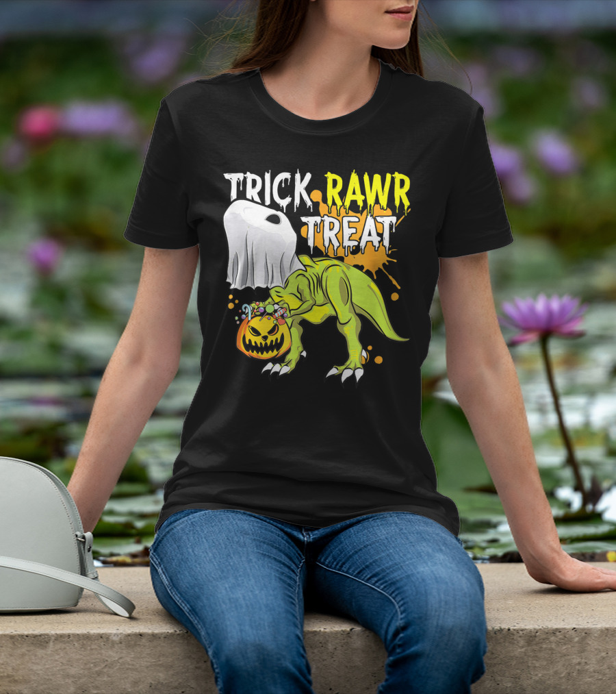 Trick Rawr Treat Halloween Dinosaur Ghost Pumpkin Boys T-Shirt
