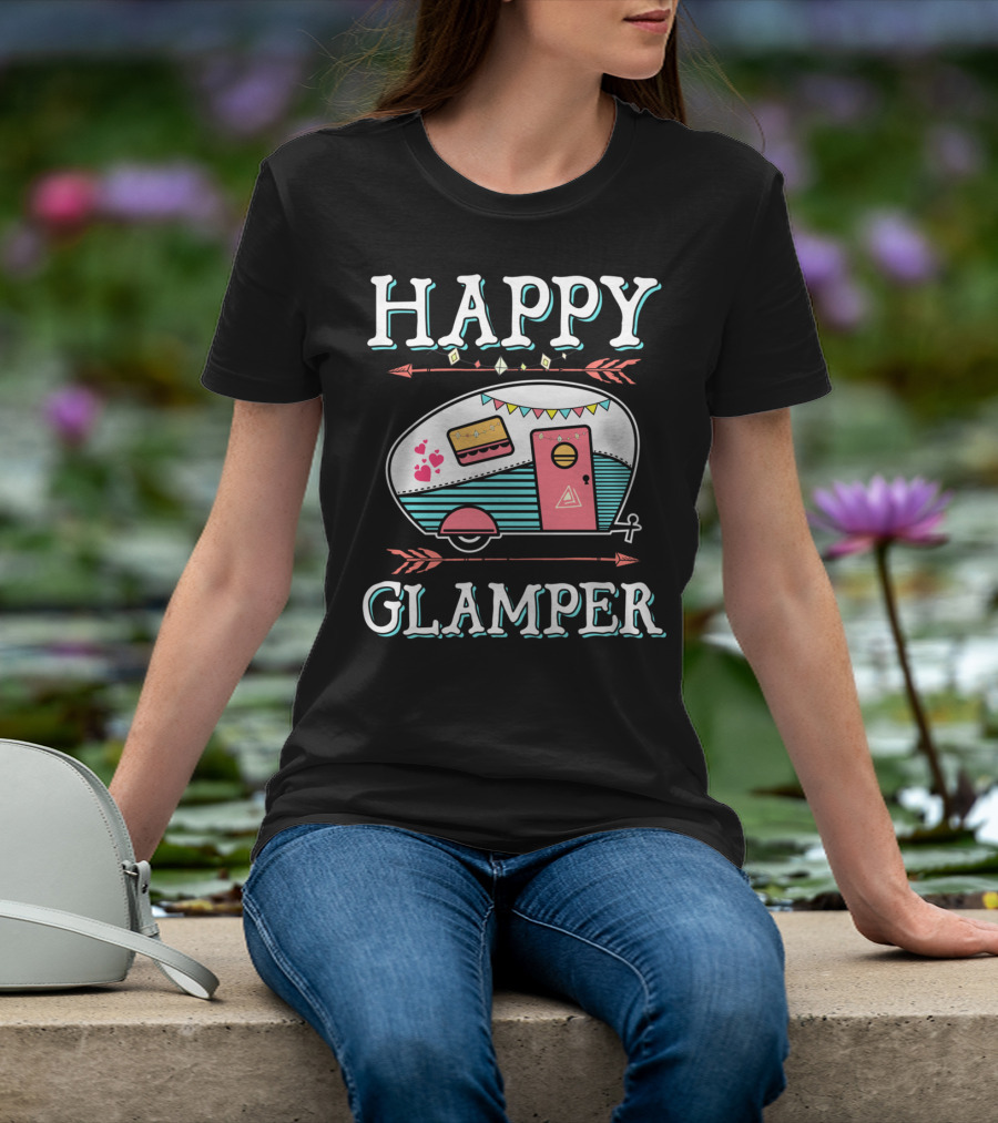HAPPY GLAMPER Camper With Arrows And Colorful Bunting T-Shirt