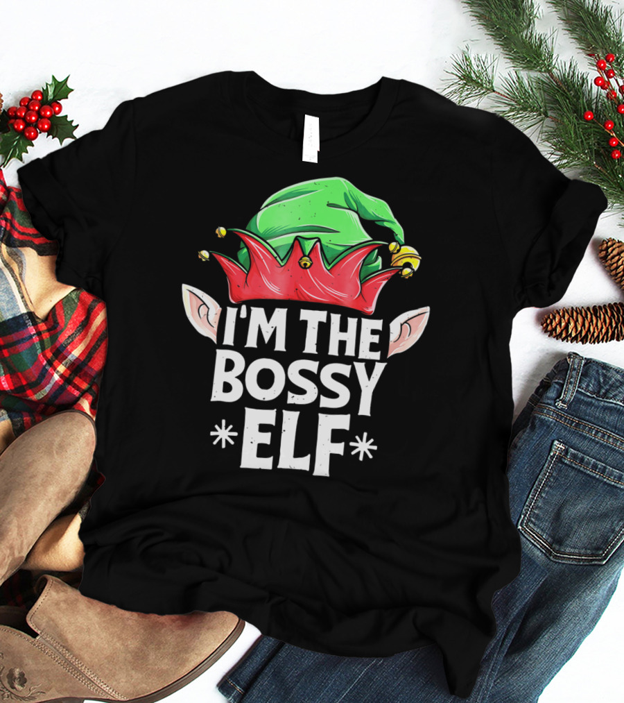 I'm The Bossy Elf Green And Red Jester Hat With Ears T-Shirt