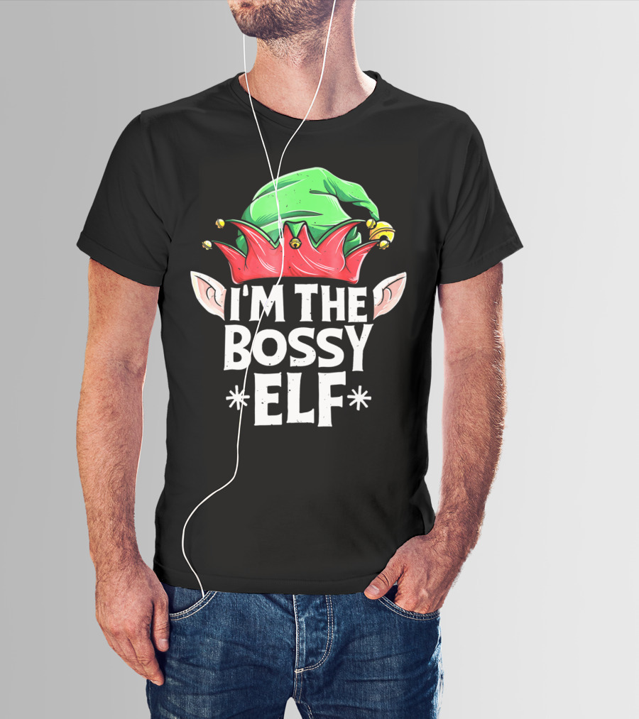I'm The Bossy Elf Green And Red Jester Hat With Ears T-Shirt