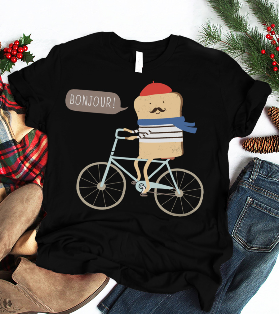 BONJOUR French Toast On Bicycle With Beret And Mustache T-Shirt
