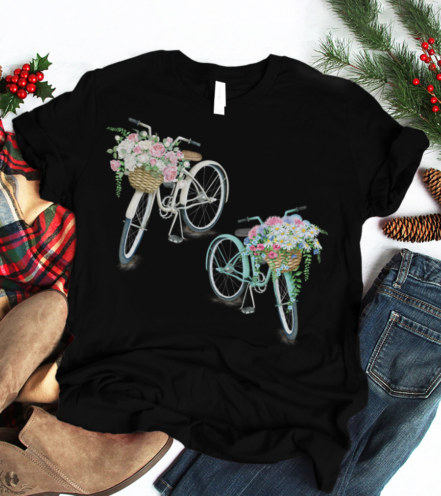 Vintage Bicycles With Flower Baskets Roses And Daisies T-Shirt