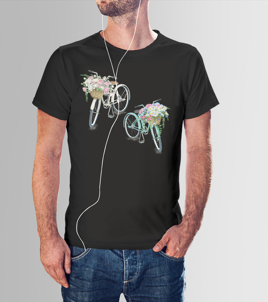 Vintage Bicycles With Flower Baskets Roses And Daisies T-Shirt