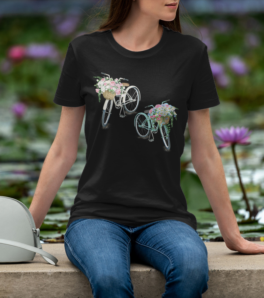 Vintage Bicycles With Flower Baskets Roses And Daisies T-Shirt