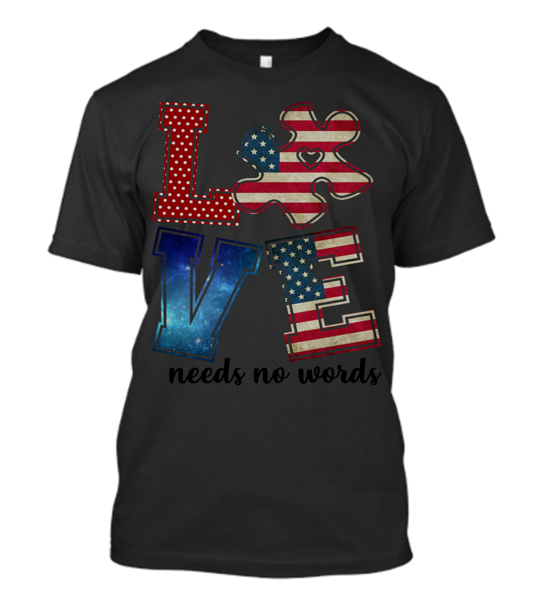 Love Needs No Words Galaxy Stars And Stripes Puzzle Piece T-Shirt