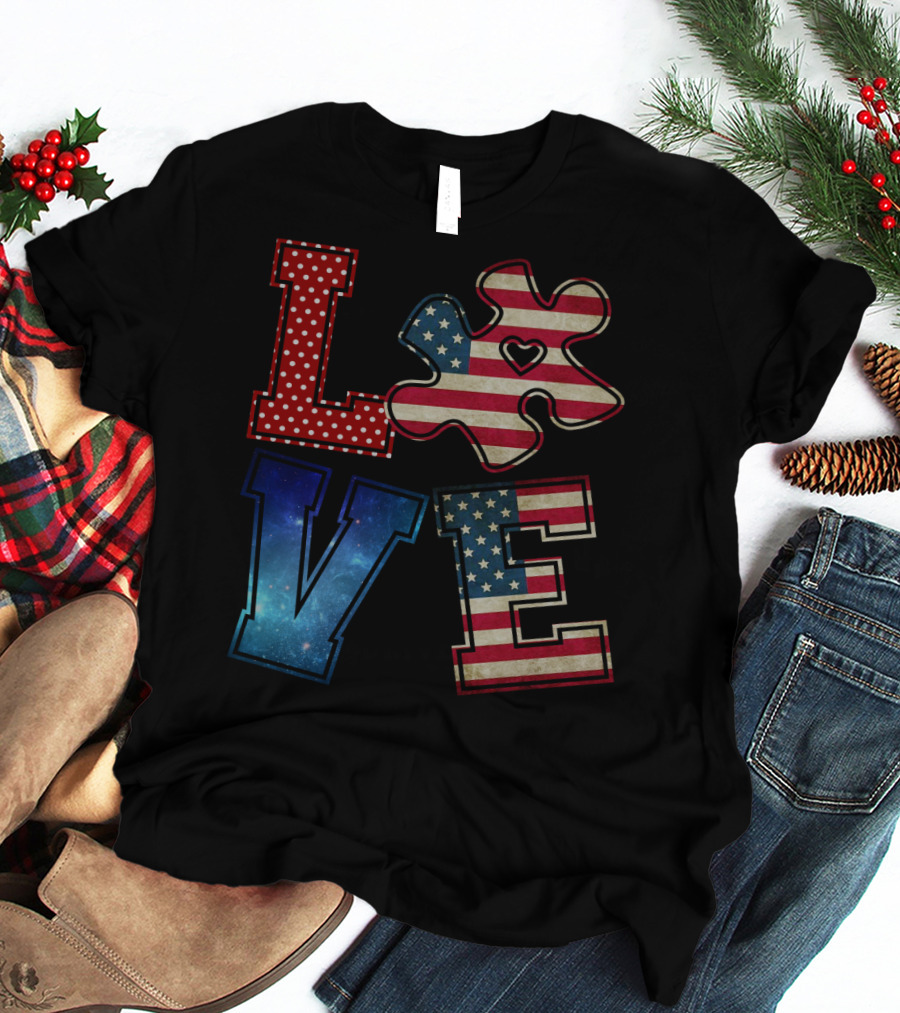 Love Needs No Words Galaxy Stars And Stripes Puzzle Piece T-Shirt