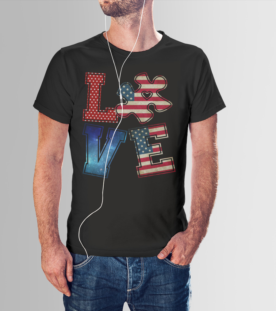 Love Needs No Words Galaxy Stars And Stripes Puzzle Piece T-Shirt