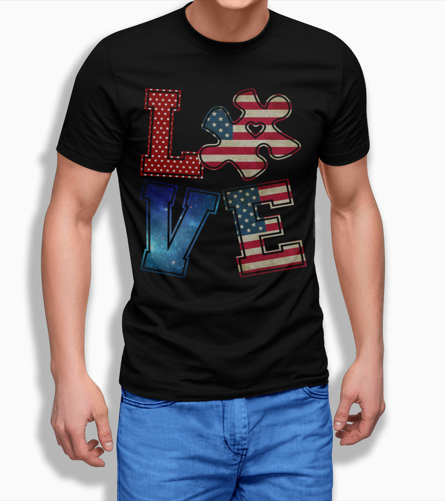 Love Needs No Words Galaxy Stars And Stripes Puzzle Piece T-Shirt