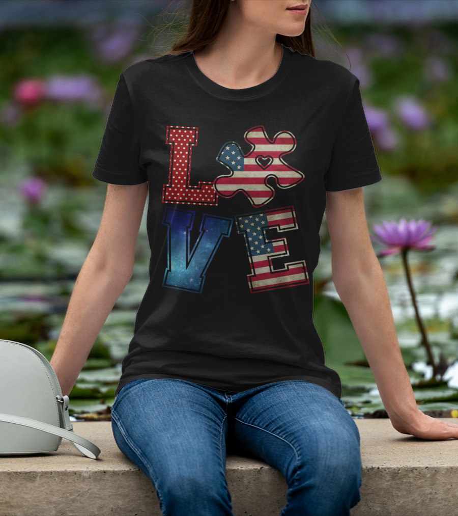 Love Needs No Words Galaxy Stars And Stripes Puzzle Piece T-Shirt