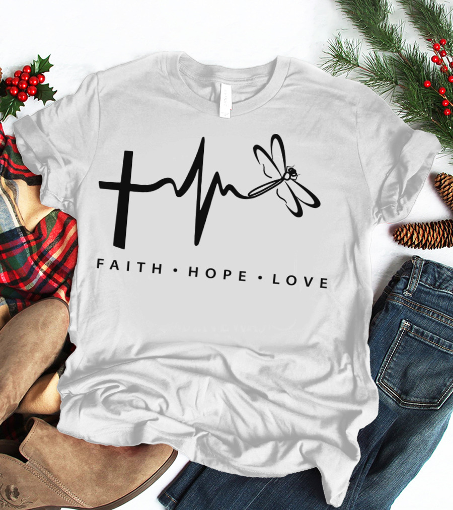 Faith Hope Love Cross Heartbeat Dragonfly T-Shirt