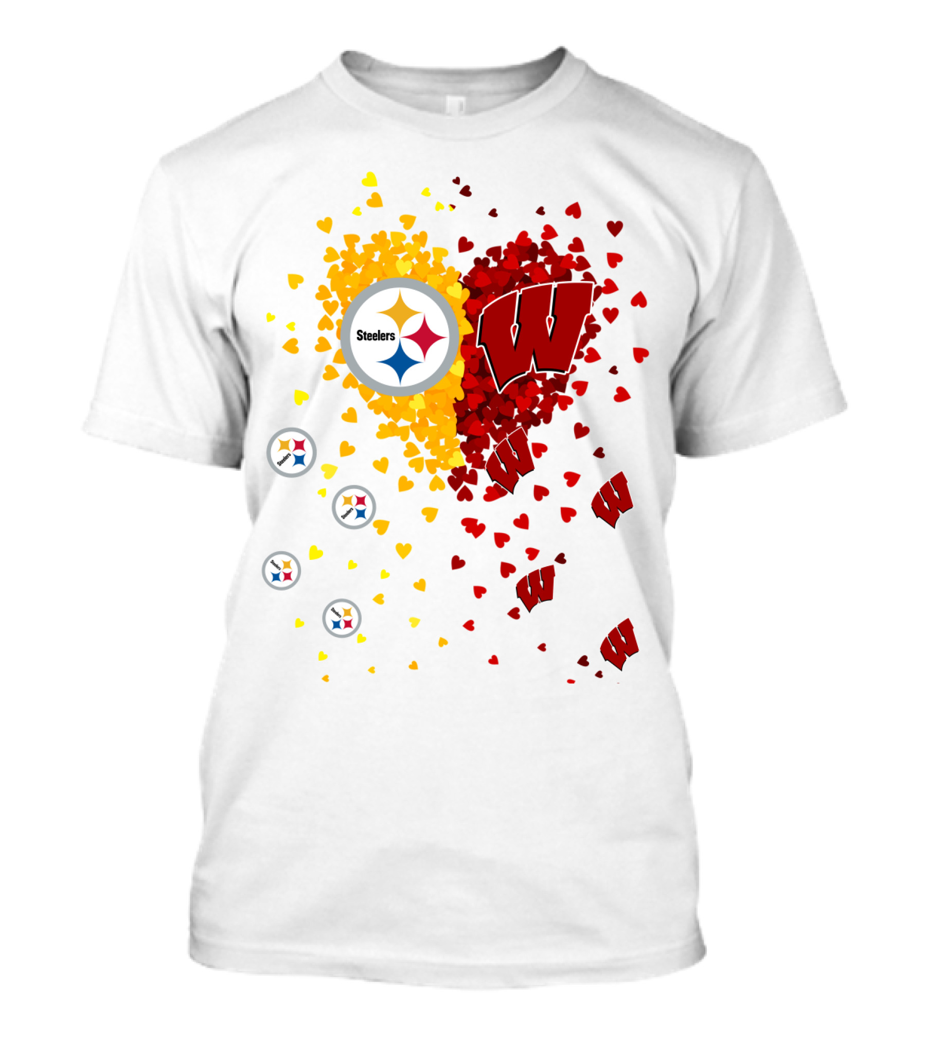Steelers Logo And University Of Wisconsin Badgers Heart Design Featuring Yellow And Red Hearts T-Shirt