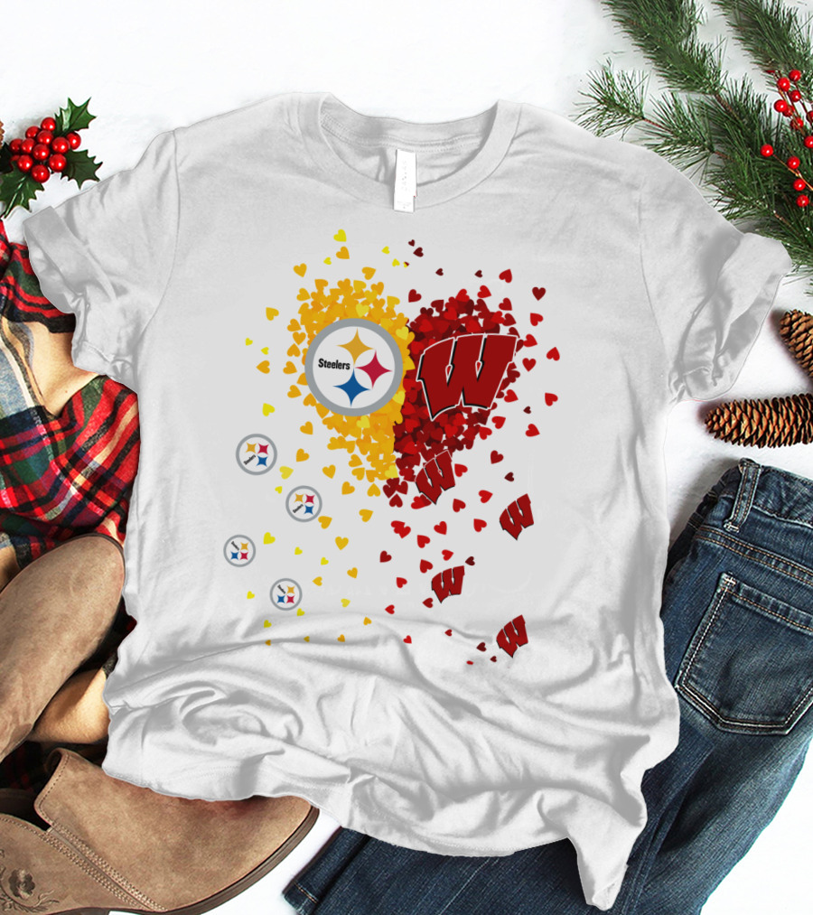 Steelers Logo And University Of Wisconsin Badgers Heart Design Featuring Yellow And Red Hearts T-Shirt