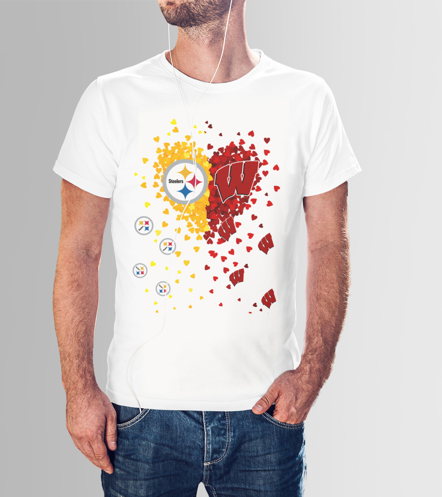Steelers Logo And University Of Wisconsin Badgers Heart Design Featuring Yellow And Red Hearts T-Shirt