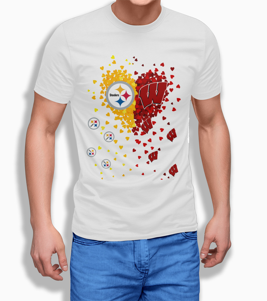 Steelers Logo And University Of Wisconsin Badgers Heart Design Featuring Yellow And Red Hearts T-Shirt