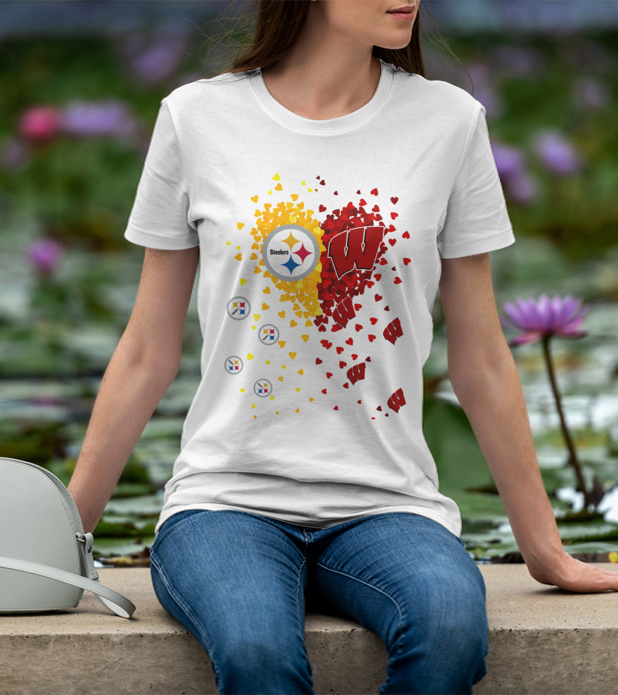 Steelers Logo And University Of Wisconsin Badgers Heart Design Featuring Yellow And Red Hearts T-Shirt
