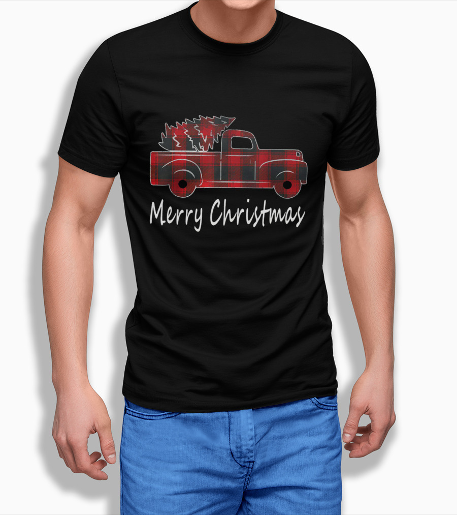 Buffalo Plaid Merry Christmas Red Truck And Tree T-Shirt