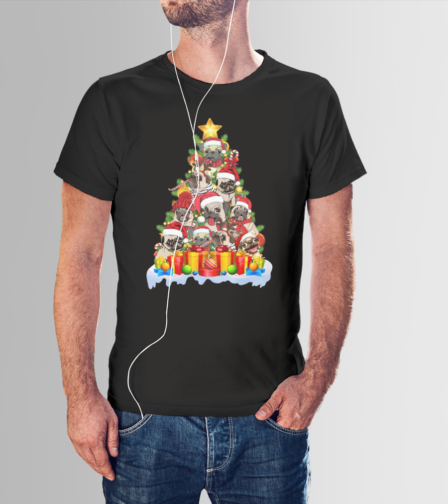 Pug Christmas Tree With Santa Hats And Presents T-Shirt
