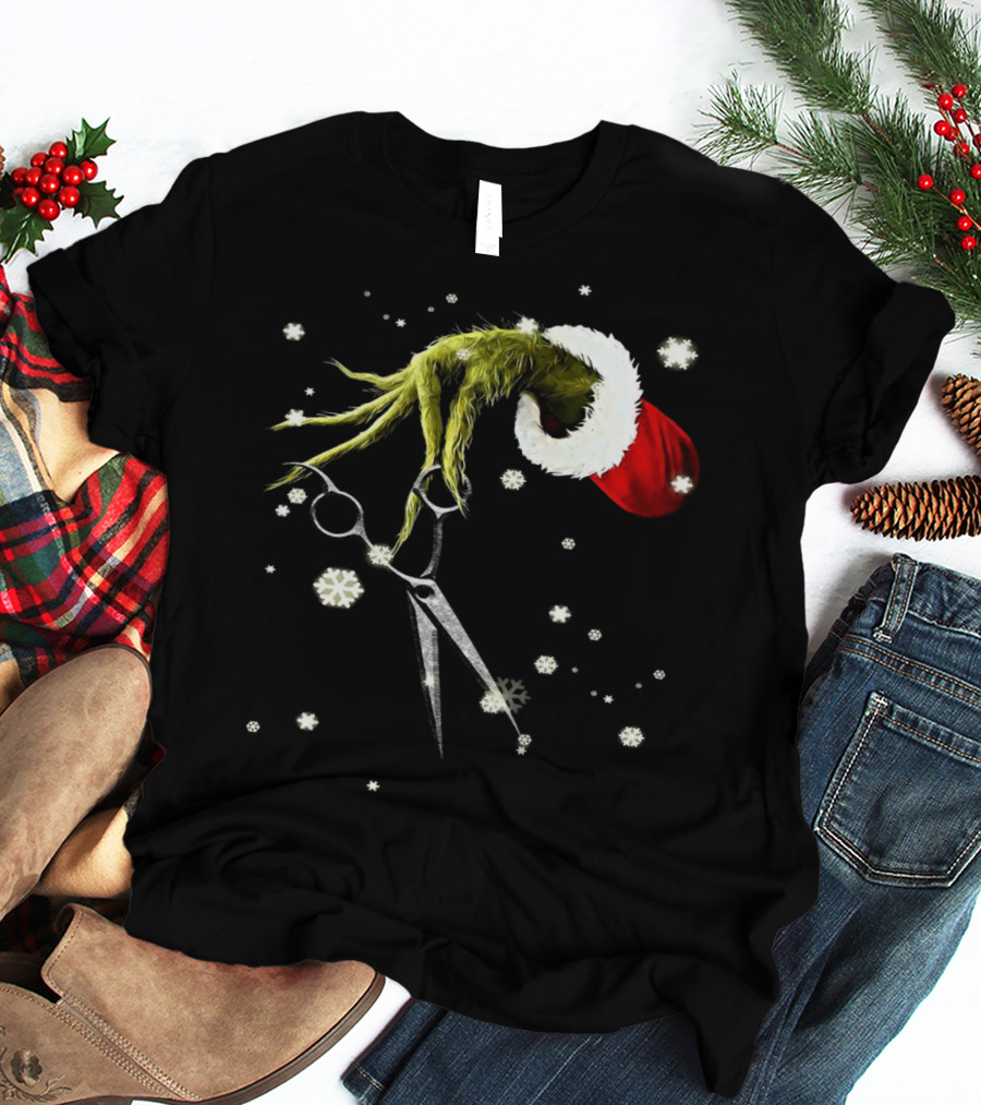 Grinch Hand Holding Scissors Santa Hat Snowflakes T-Shirt