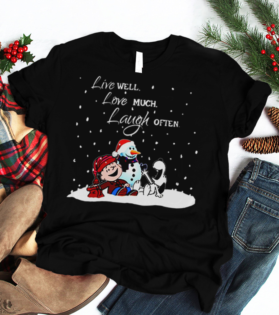 Snoopy Charlie Brown Live Well Love Much Laugh Often Winter Snowman Scene T-Shirt