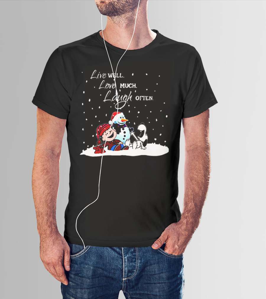 Snoopy Charlie Brown Live Well Love Much Laugh Often Winter Snowman Scene T-Shirt